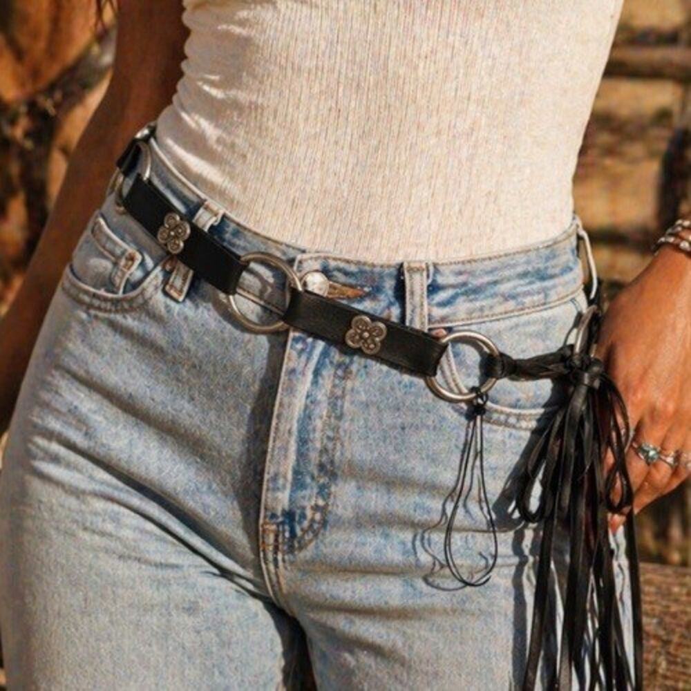Lucchese Black Leather O-Ring Concho Belt Women S M Western Boho Fringe New